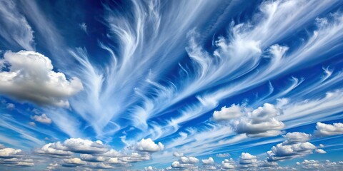 5. Ash grey wispy clouds drifting lazily across a bright blue summer sky, a realistic photo image.