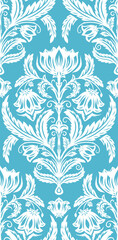 Fototapeta premium Vector decorative tracery lace pattern in delicate colors on blue background. Monochrome floral symmetrical seamless texture with white cornflowers and foliage bouquets for wallpaper, fabric
