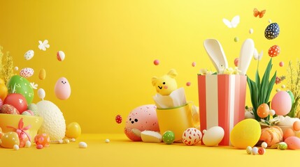 Obraz premium hypperrealistic depiction of tasty and fresh products from grocery shop with some easter holiday symbols spread in the space on yellow background