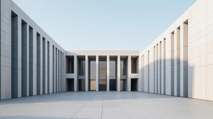 A brutalist city hall with fortress-like architecture and a minimalist exterior, Neo Brutalism, city hall, fortress
