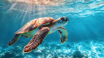 Fototapeta premium A sea turtle glides through the ocean, with sunlight streaming through the water