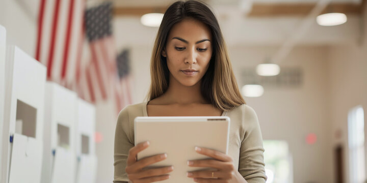 Lifestyle portrait of Asian woman voter using digital tablet at election office with flags and voting machines for democracy