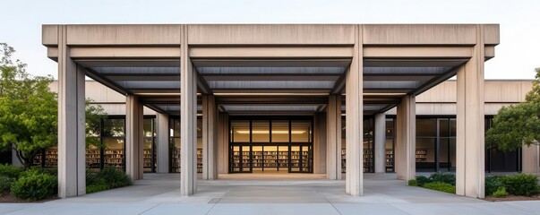 Fototapeta premium A brutalist library entrance with a heavy, overhanging concrete canopy, Neo Brutalism, library entrance, canopy