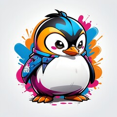 Obraz premium Cute Penguin Cartoon with Colorful Splashes