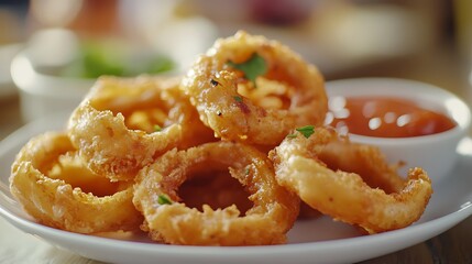 A newborn deep-fried onion rings with sauce on the table