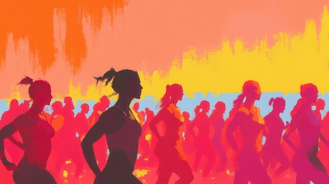 Vibrant silhouettes of women running in an abstract colorful landscape