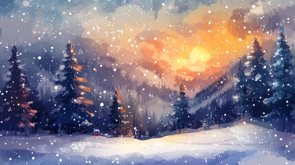 illustration of a christmas winter scene landscape in beautiful colors for a modern christmas greetings card