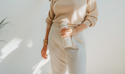 Lifestyle portrait of stylish woman holding reusable water bottle