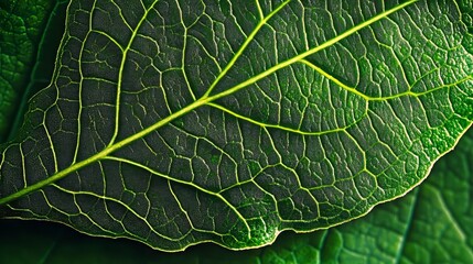 Fototapeta premium A close-up of a lush green leaf reveals intricate patterns and textures formed by its veins.