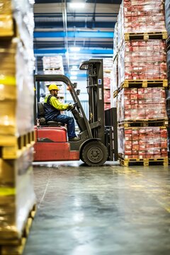 A forklift operator moves heavy pallets of materials in a warehouse. The organized stacks of goods and othes