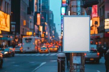 Fototapeta premium Blank billboard is affixed to a pole on a bustling city street at night, awaiting your advertisement