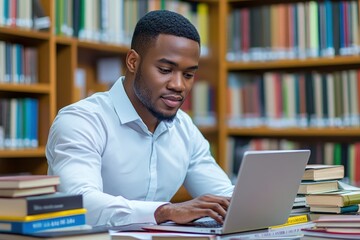 Successful African American Male Consultant Working on Laptop Surrounded by Leadership and Management Books