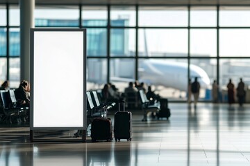Empty advertising banner standing in airport terminal with passengers waiting for flight and airplane behind