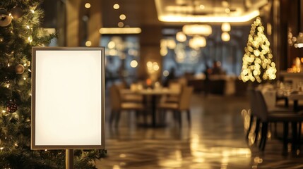 Empty sign is standing in a restaurant decorated for christmas with customers dining in the background