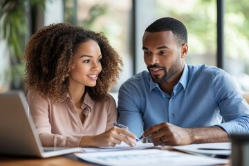 Trust and Clarity: African American Financial Adviser Explaining Financial Report to Young Couple in Profile View