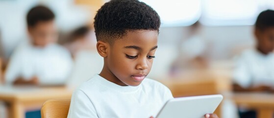 Young student engaged with tablet in classroom setting