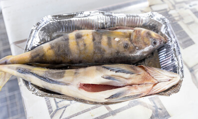 Two fish are in a pan with foil on a table