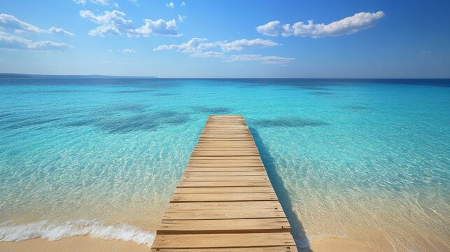 Wooden pier reaching into turquoise waters of Illetes beach in Formentera, one of the Balearic islands in the Mediterranean Sea.