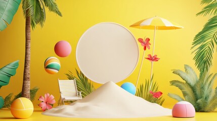 Summer sale podium display, pile of sand, flowers, coconut tree, beach umbrella, beach chair and beach ball, speech bubble space banner design, on yellow background