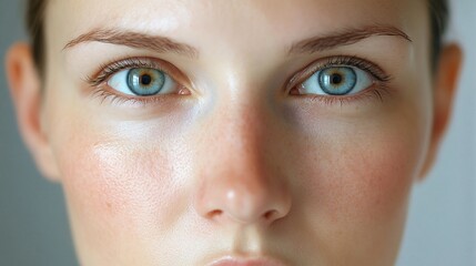 Naklejka premium A close-up of a woman's face, showing the before and after effects of weight loss, with a noticeable reduction in facial fullness and a more defined cheekbone structure