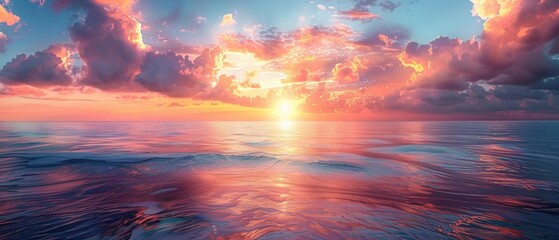 Fototapeta premium Serene Morning Glow: Vibrant Sunrise Painting the Ocean in Hues of Beauty