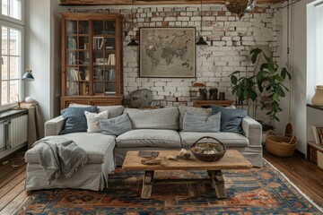 White sofa in living room. Apartment interior in loft style