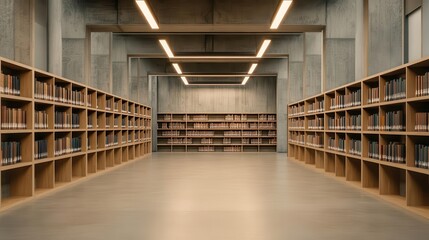 Fototapeta premium A brutalist library with exposed structural elements and industrial lighting, Neo Brutalism, library, industrial
