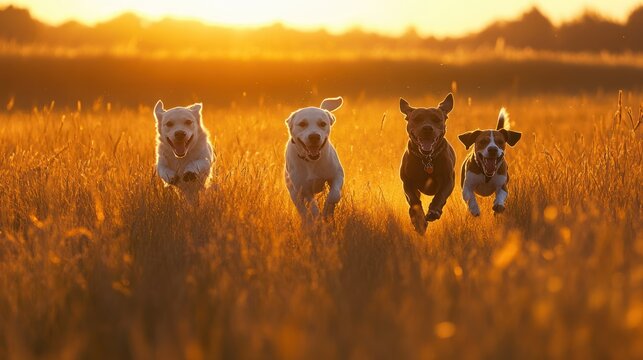 Picture three dogs running freely through a vast, golden meadow at sunset. A Labrador, a Beagle, and a Jack Russell Terrier dash across the tall grass, chasing each other playfully. The warm glow of t