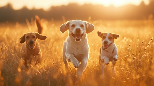 Picture three dogs running freely through a vast, golden meadow at sunset. A Labrador, a Beagle, and a Jack Russell Terrier dash across the tall grass, chasing each other playfully. The warm glow of t