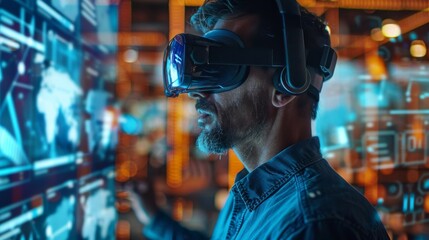 Man Using Virtual Reality Headset for data analysis