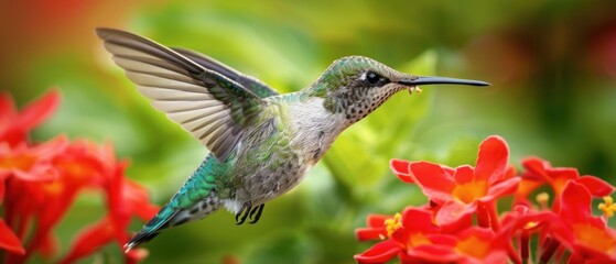 Vibrant Close-up of a Graceful Hummingbird Feeding Nectar in Nature