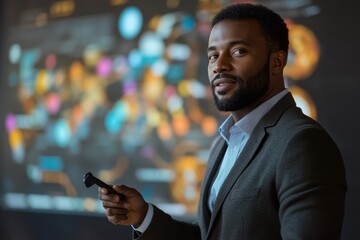 Confident African American Male Executive Presenting with Pointer in front of Digital Screen