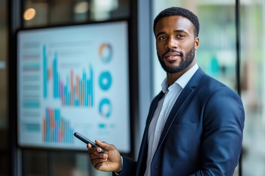 Confident African American Male Executive Giving Presentation with Pointer in front of Digital Screen - Powered by Adobe