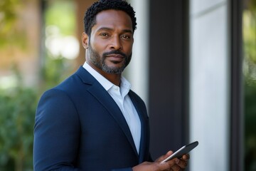 Fototapeta premium Confident African American Man in Dark Blue Suit with Digital Device, Displaying Approachable Professionalism