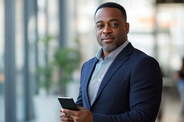 Confident African American Man in Stylish Dark Blue Suit Holding Digital Device with Serious Yet Approachable Expression