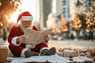Santa Claus dressed in his traditional red outfit and white beard is sitting on a city street in an urban setting, reading a large newspaper, surrounded by boxes.