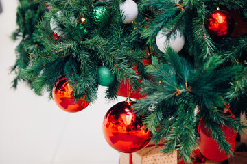 Christmas green pine tree with background bokeh light.