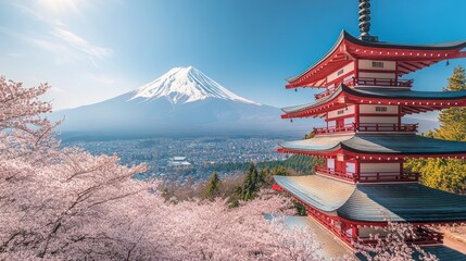 Fototapeta premium Red pagoda in Chureito with the beautiful Mount Fuji and cherry blossoms
