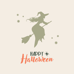Happy Halloween card. Happy holiday. Witch on broom postcard.