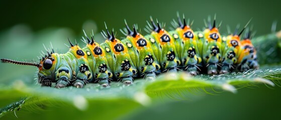 Obraz premium Vibrant Close-up of Green Caterpillar on Lush Leaf in Nature's Beauty