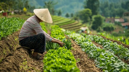 A Vietnamese farmer tending to a vegetable garden, with neat rows of plants and a peaceful rural backdrop