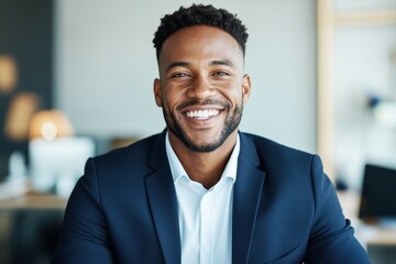 Fototapeta premium Confident African American Man in Navy Blue Suit Smiling at Desk