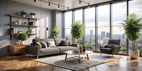 A bright Scandinavian-style living room with a white sofa, armchairs, wooden coffee table, and green plants. The space is filled with natural light, creating a cozy and airy atmosphere