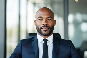 Fototapeta premium Confident African American Businessman Posing with Briefcase Outside Corporate Building