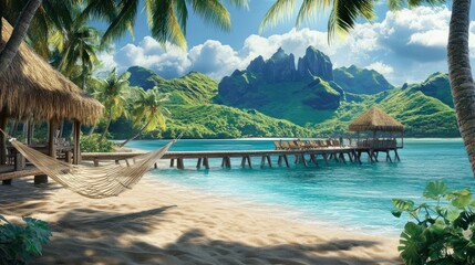 Fototapeta premium Visualize a summer poster that celebrates a tropical island paradise. The scene includes a secluded beach with turquoise waters, a wooden pier stretching out into the ocean, and lush green mountains i
