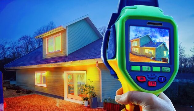 Thermal imaging device captures heat loss from a modern house at night