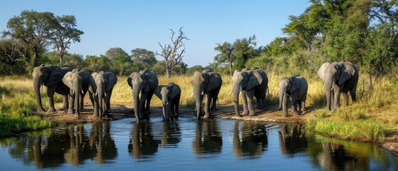 Majestic Herd of Elephants Gathering Peacefully at a Serene Watering Hole