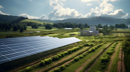 A scenic view of solar panels in a lush landscape, promoting renewable energy.