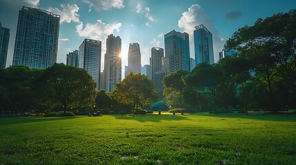 Obraz premium Urban Oasis: Skyscrapers and Lush Greenery