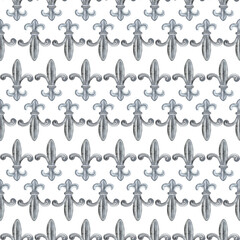 Seamless pattern Fleur de lis isolated on white background illustration. Vintage heraldic. Fleur-de-lys hand drawn watercolor draw. French lily. Decor, decoration, cards, posters, design, Greeting © Nataliia